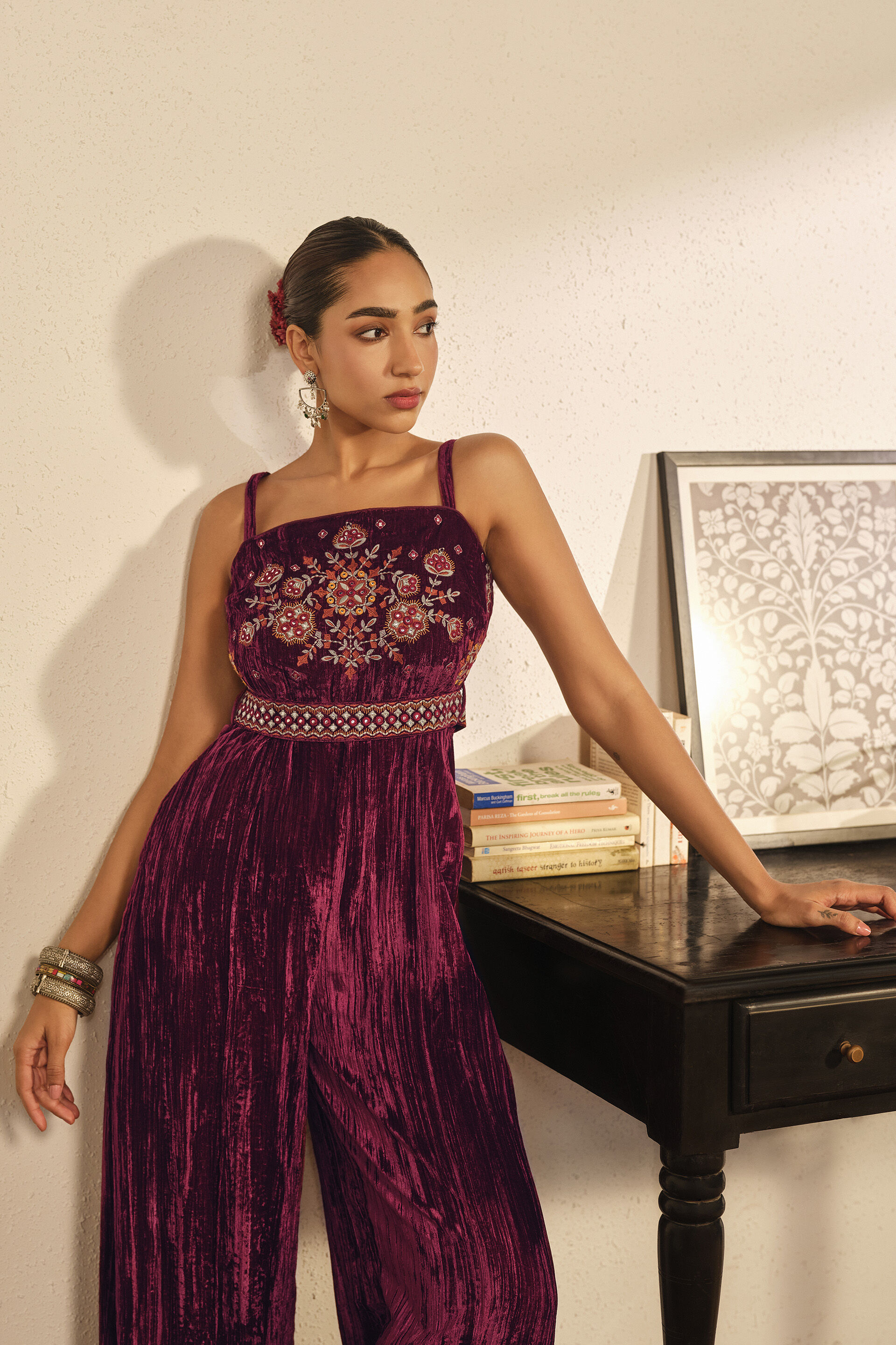 Embroidered Velvet Strappy Jumpsuit in Wine, Wine, image 2